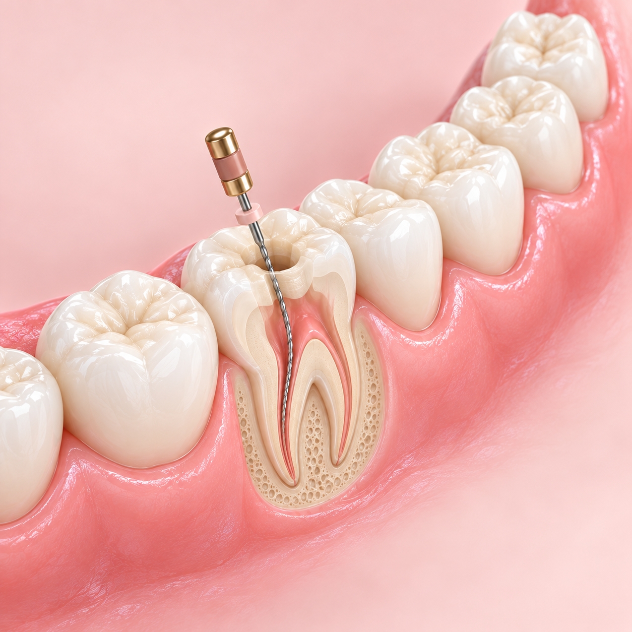 Ilustração de tratamento de canal com vista lateral da arcada dentária